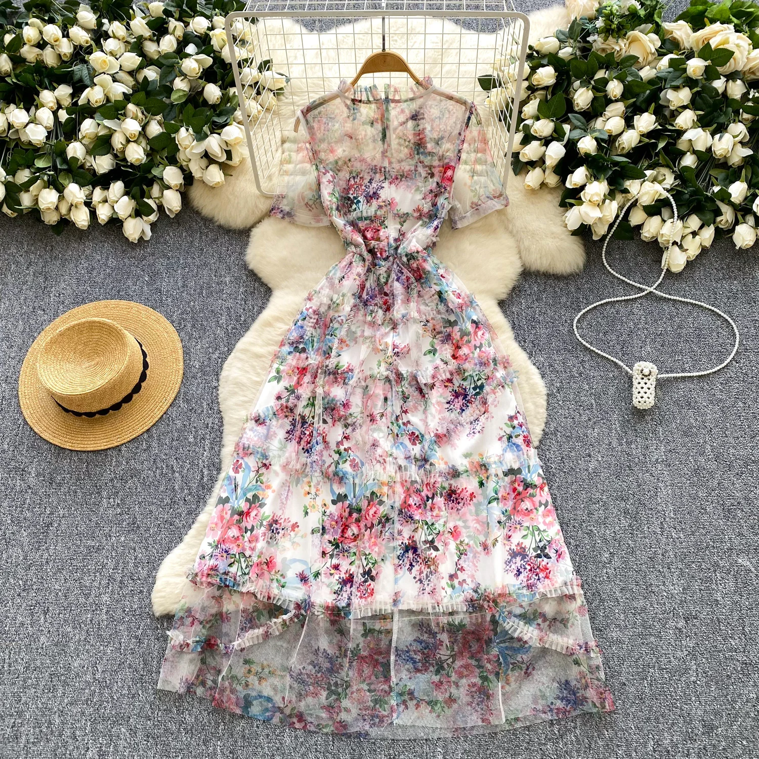 2025 de alta qualidade festa francesa vestido longo novo feminino babados colarinho mangas curtas uma linha vestido verão moda malha impressão bohe vestido