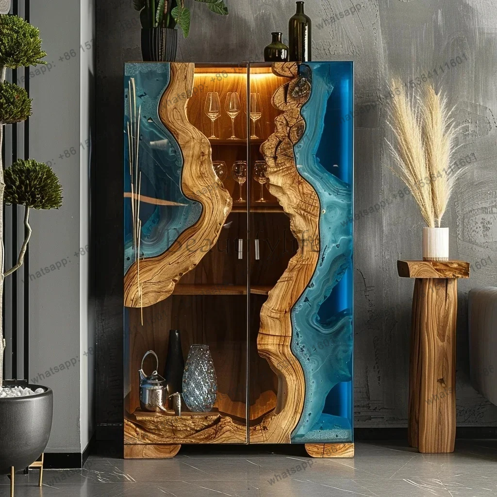Modern light luxury black walnut wine cabinet living room wall solid wood glass double door partition display cabinet