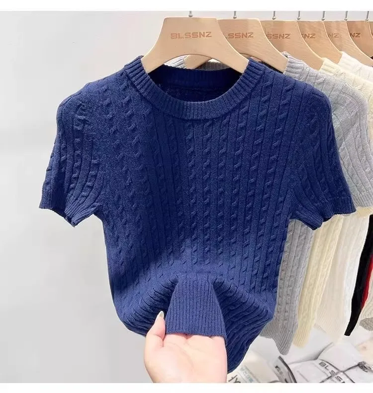 Zjaiss 2026 Summer Korean Retro Elegant Texture Short Sleeve O-Neck Twist Knit Top Women Soft Casual Versatile Thin T-shirt