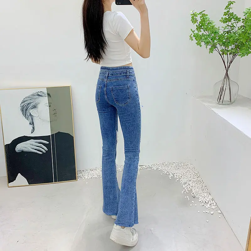 Embroidery Sequin Wing Skinny Tight Stretch High Waist Slim Flare Denim Pant Bootcut Bell Bottom Jeans Women mom y2k oversized