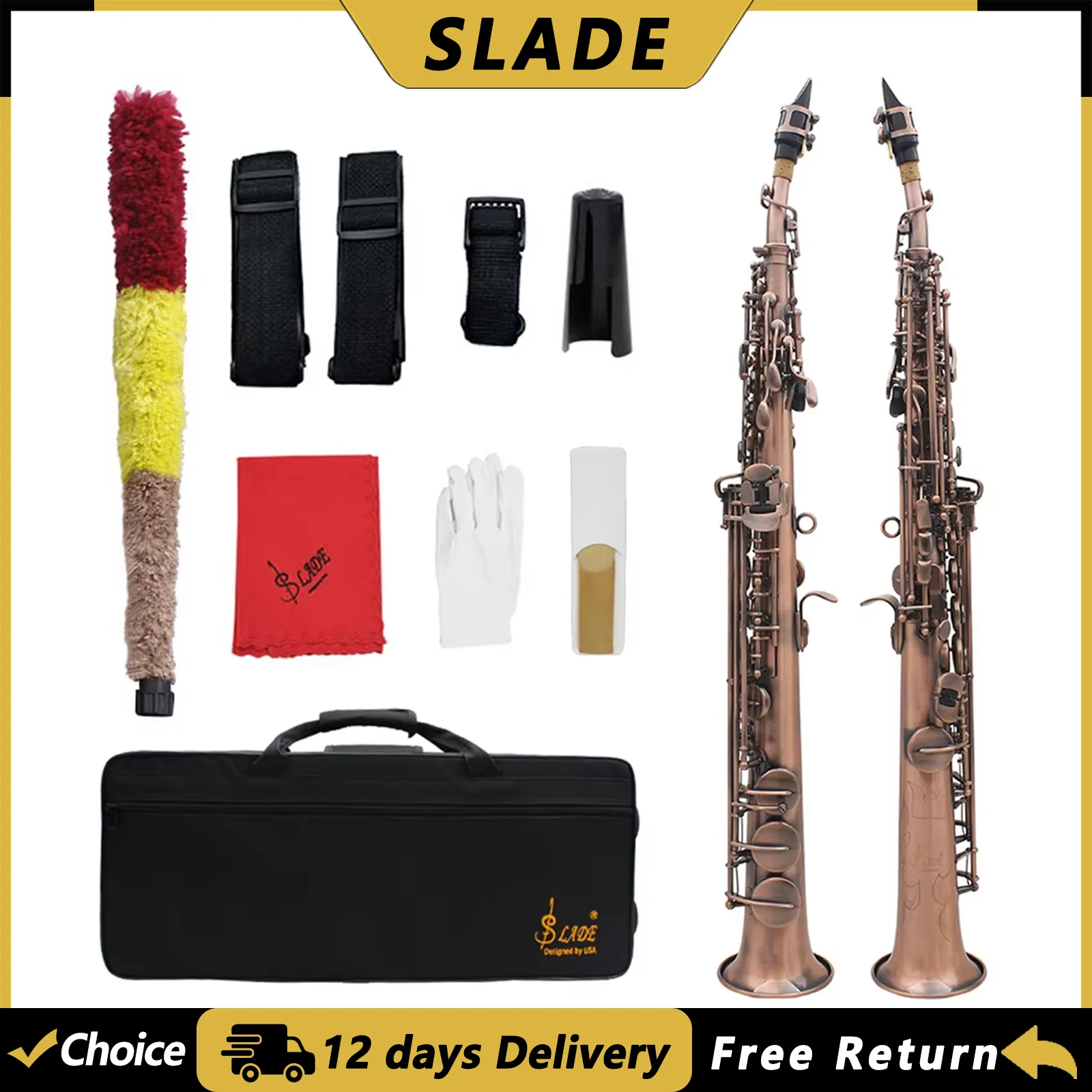 SLADE S66 Soprano Saxophone Brass Body Saxfone Red Antique Straight Bb Sax Woowind Instrument with Case Reeds Parts Accessories