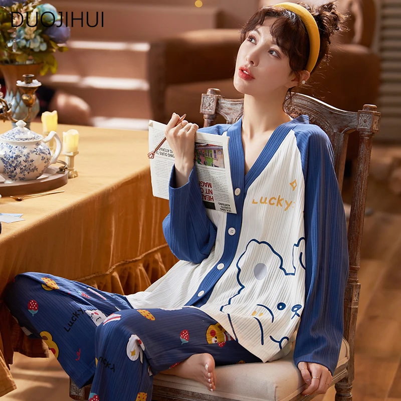 DUOJIHUI Sweet Two Piece Autumn Chicly Pajamas for Women Basic V-neck Button Cardigan Loose Simple Pant Fashion Female Sleepwear