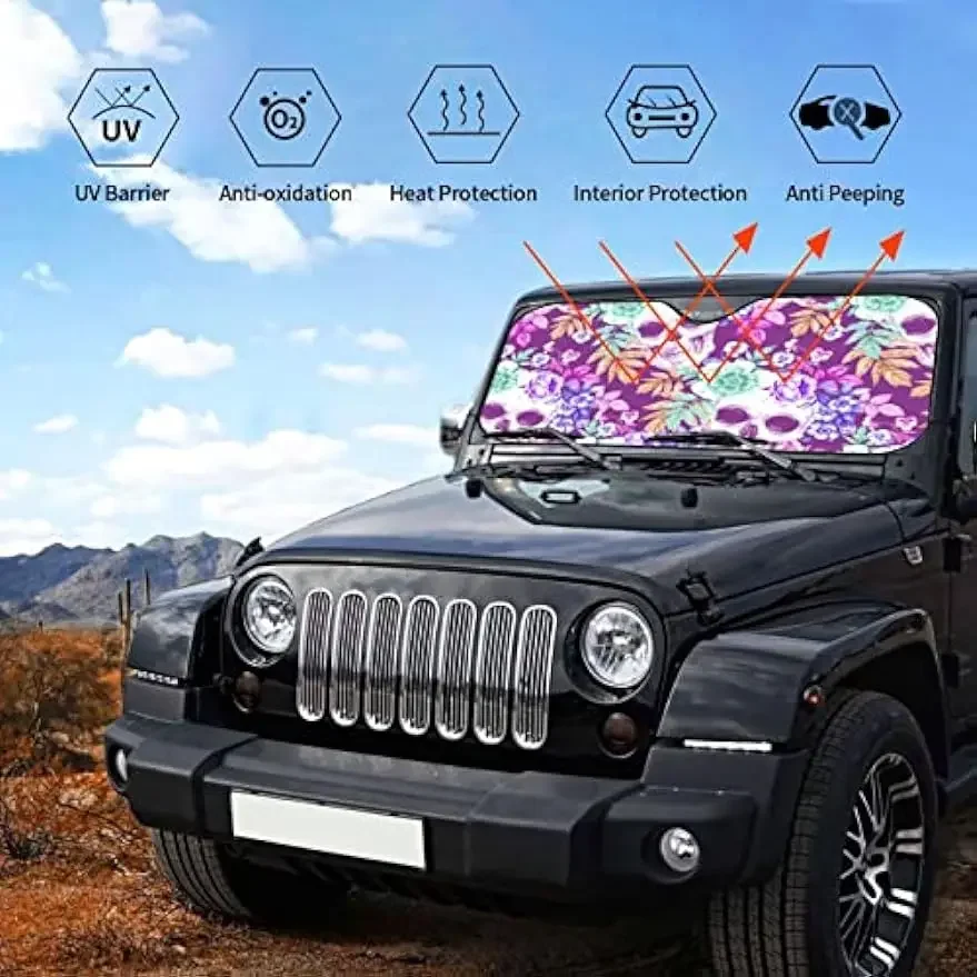 Vintage calaveras flores púrpura parabrisas de coche parasol Protector de visera ventana delantera parasol cubierta para la mayoría de los coches SUV camiones