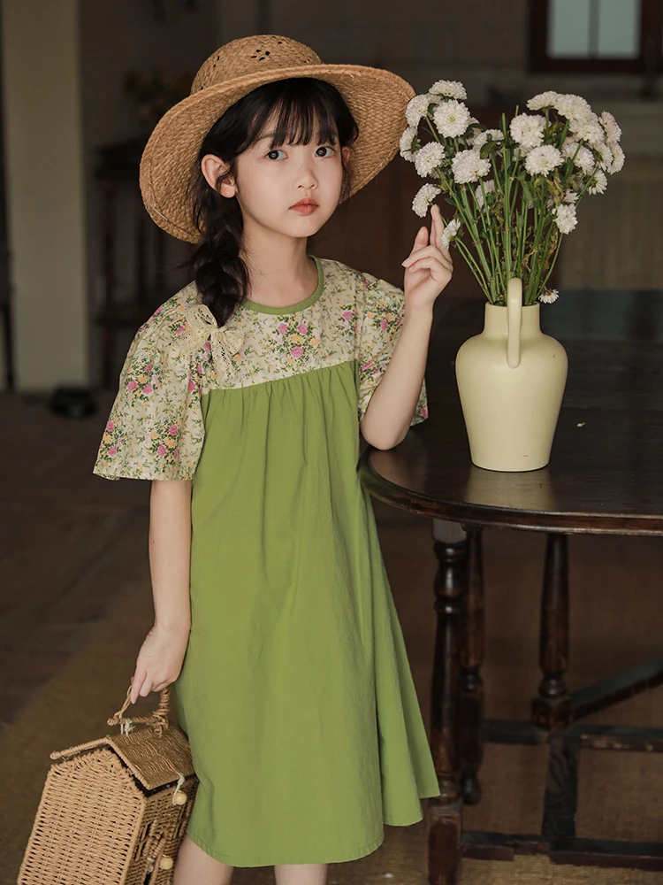 

2023 Summer New Lantern Sleeve Dress Girls' Contrast Panel High Waist Skirt Kids Clothes Knee-Length 4-6y 7-12y Girls Dress