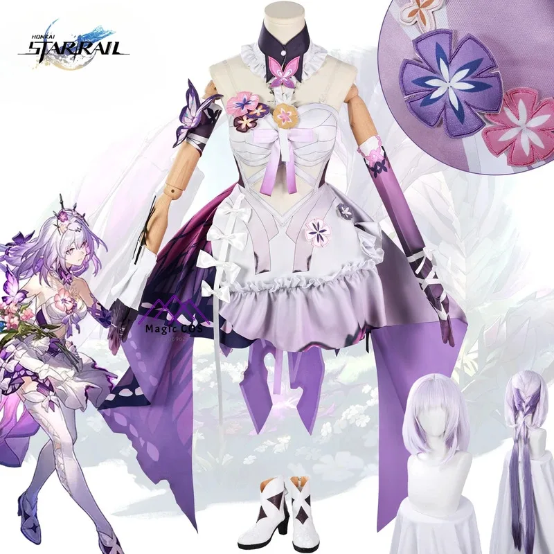 

Top Game Honkai: Star Rail Castorice Cosplay Costume New Anime Clothes Purple Dress Wig Shoes Full Set for Women Role Play Suit