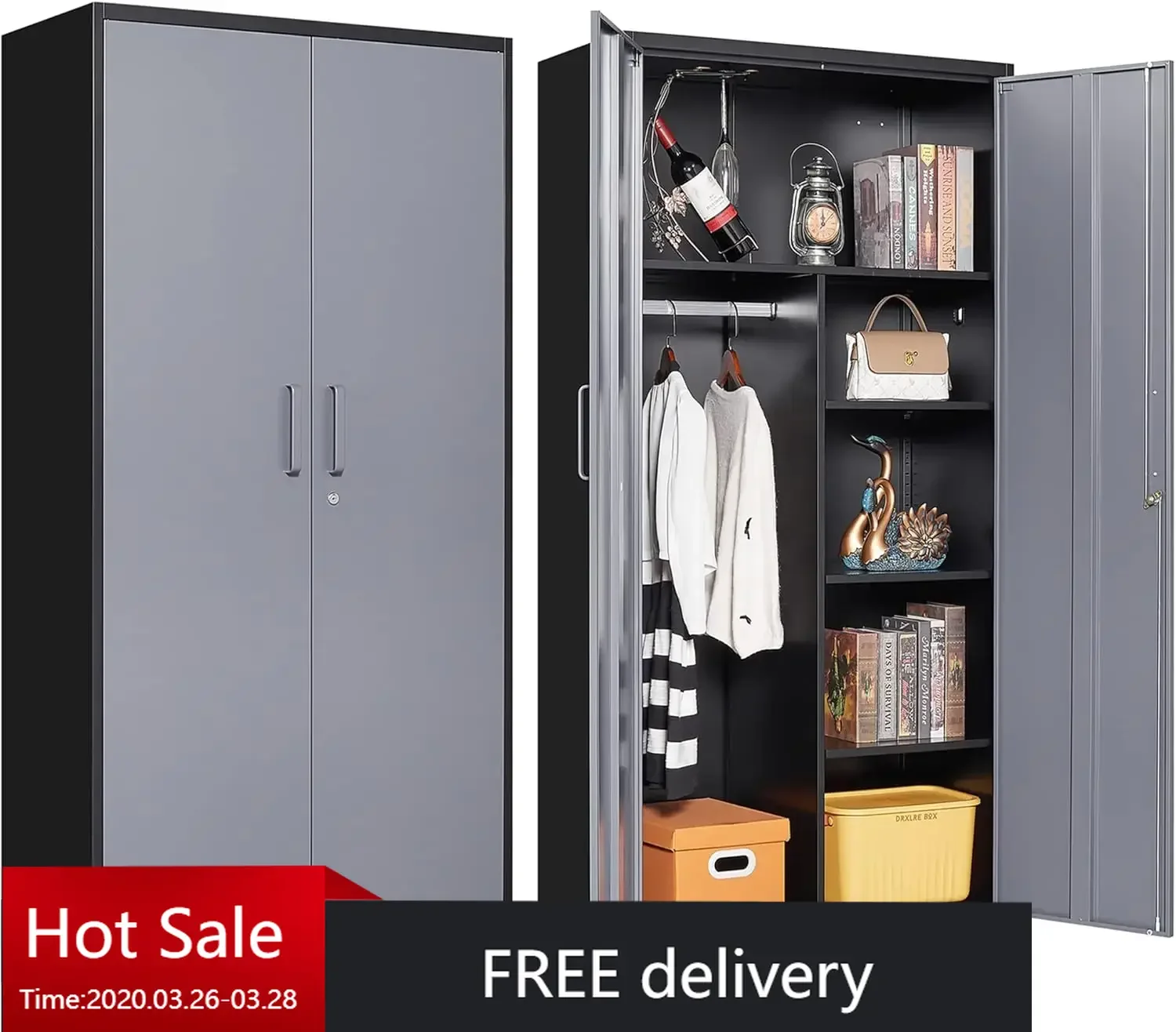 Metal Storage Cabinet,72'' Employee Lockers Steel Wardrobe with Lock Door for Office,Home(72“-Black&Gray)