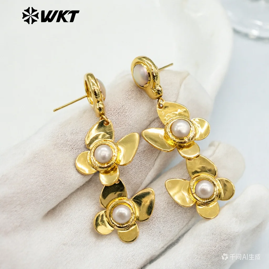 WT-MPE129 WKT Trendy European 18K Real Gold Plated Resist Tarnishable Elegant Summer Double Butterfly Pearl Earrings