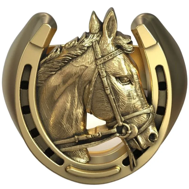 

23g 3D Lucky Horseshoe Horse Head Men And Dad Gold Rings Customized 925 Solid Sterling Silver Rings Many Sizes 7-12