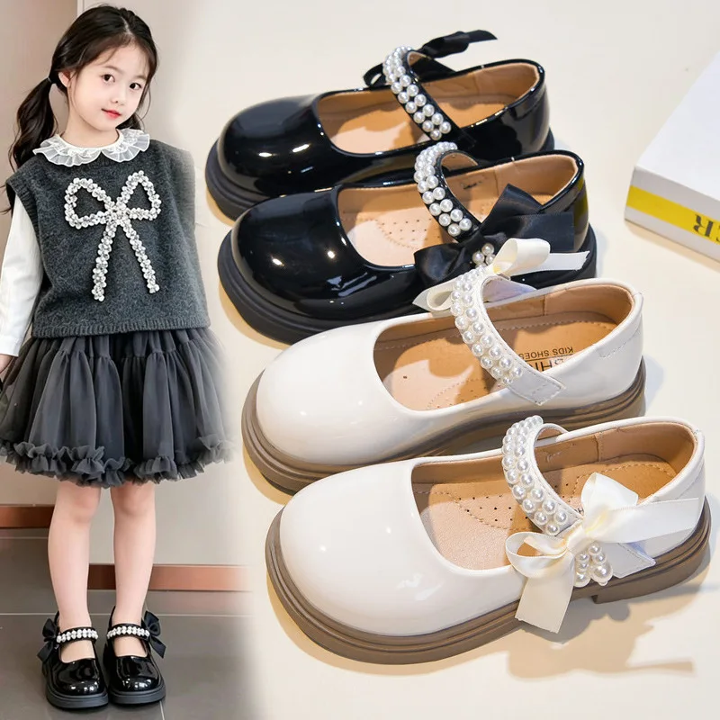 Children's Leather Shoes Glossy PU Black School Girl Shoes Fashion Sweet Kids Princess Soft Bottom Leather Shoes Side Bowknot