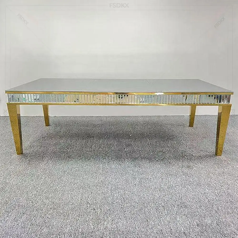

FSDKX Modern Gold Stainless Steel Banquet Table Rectangular Lux Glass Dining Tables for Weddings Parties Hotels