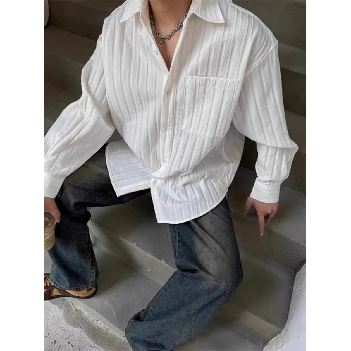 

Мужская повседневная рубашка из ткани «ледяной шелк» с эффектом пузырьков, летняя, свободного кроя, модная, с длинным рукавом, в городском стиле, из смесового полиэстера, не мнется