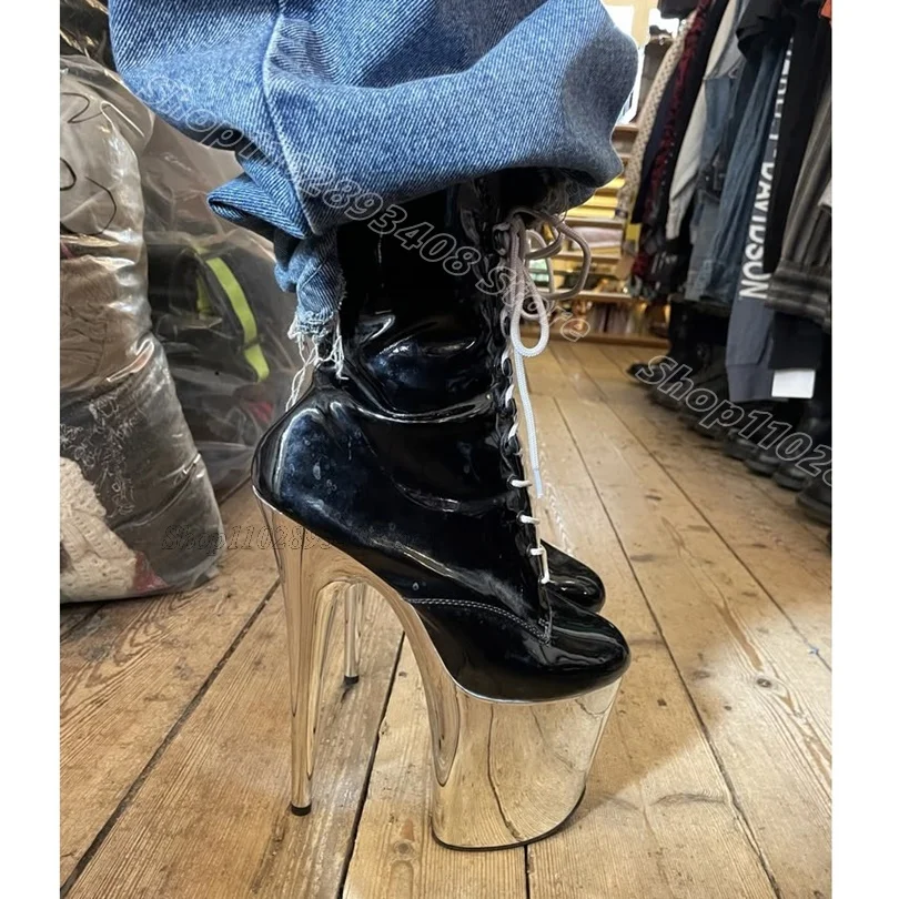Black Lace up 20CM Ankle Boots Round Toe Patent Leather Performance Platform Women Pole Dance Sexy Boots Zapatos Para Mujere