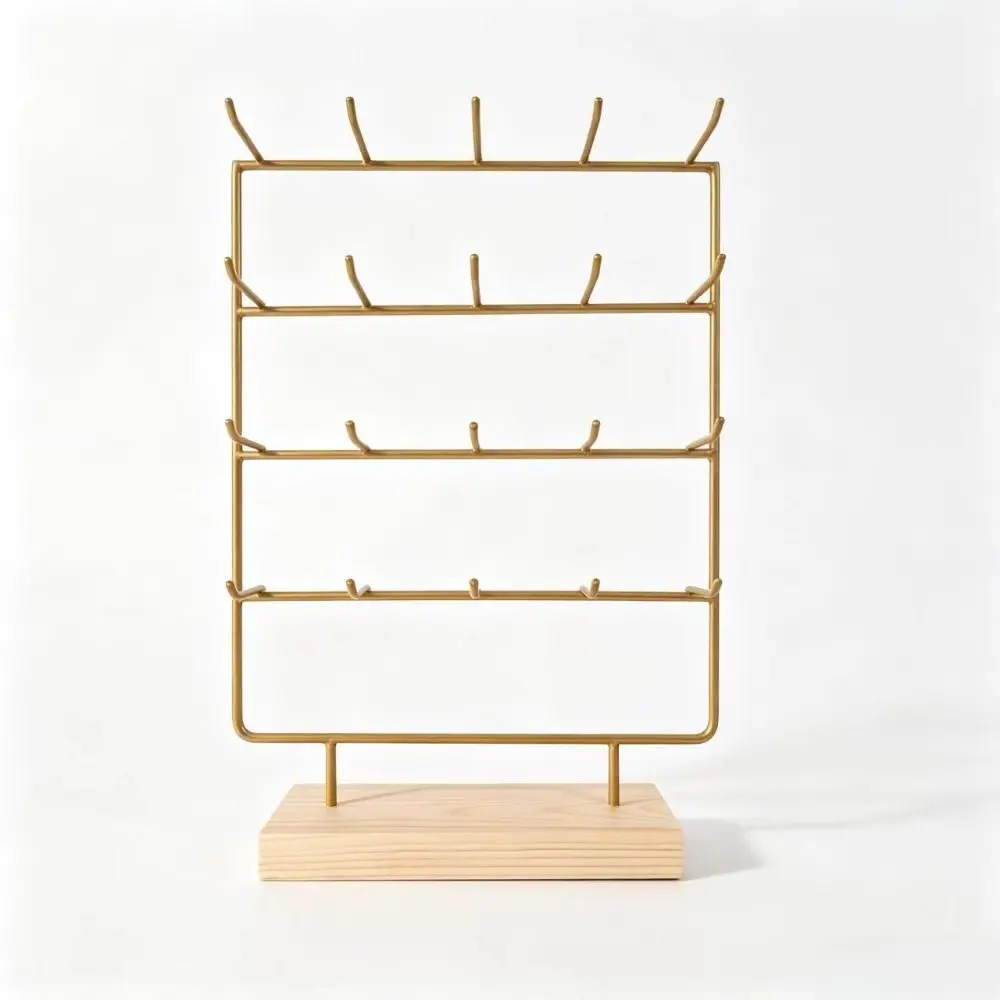3/4 Tiers Earrings Display Stand Gold Black 15/20 Hooks Jewelry Storage Rack Space Saving Wood Base Counter Showcase Props