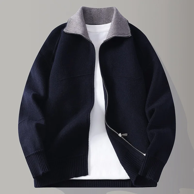Men's multi-color plaid collar knitted sweater, a warm, loose, casual zipper jacket suitable for teenagers, trendy coat