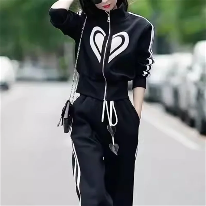 European Leisure Sports Set Women\'s Spring and Autumn 2024 New Fashion High-grade Slim Wide-Leg Pants Two-piece Suit Tide