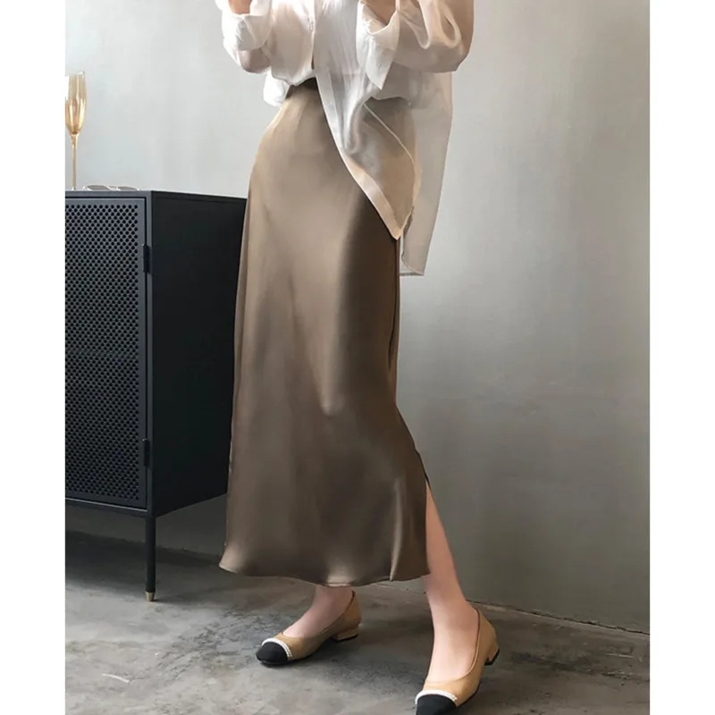 Spring Summer Women Satin Skirts Elastic High Waist A-line Midi Skirt Elegant Chic Soft Solid Color Lady Long Skirt 2023