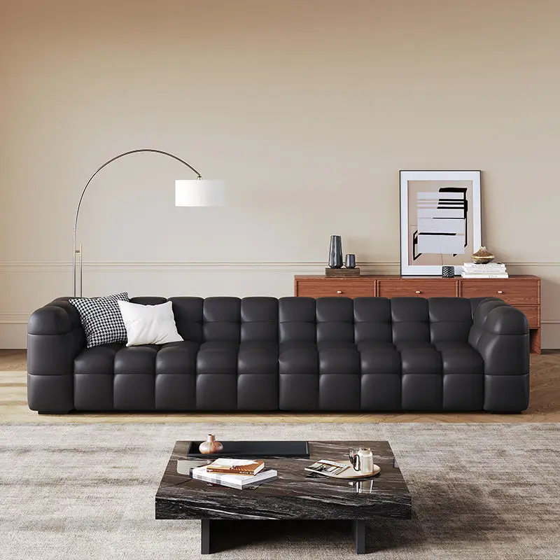 Medieval style electric function marshmallow leather sofa bed, Italian minimalist living room straight row, black three-person