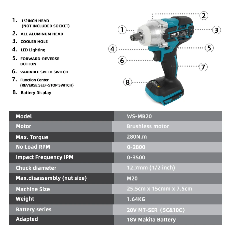 VVOSAI MT-Series 20V Brushless Cordless Electric Impact Wrench Rechargeable 1/2 Socket Wrench Power Tool For 18V Makita Battery