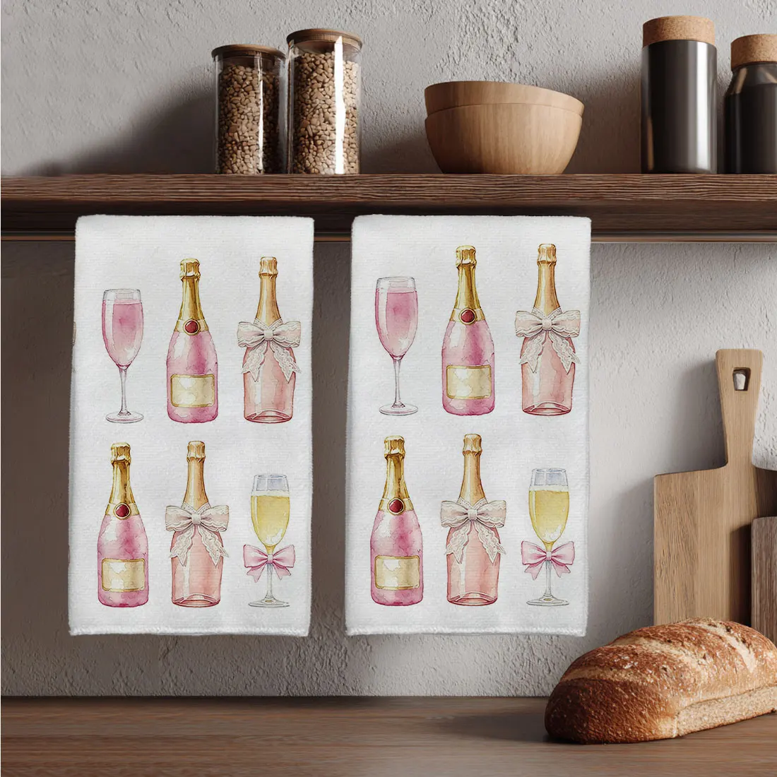 2PCSKitchen Towels with Bow Champagne Wine Glass Pattern,Watercolor Style 40x60cmMicrofiber Kitchen Towels,Dishcloths,Home Decor