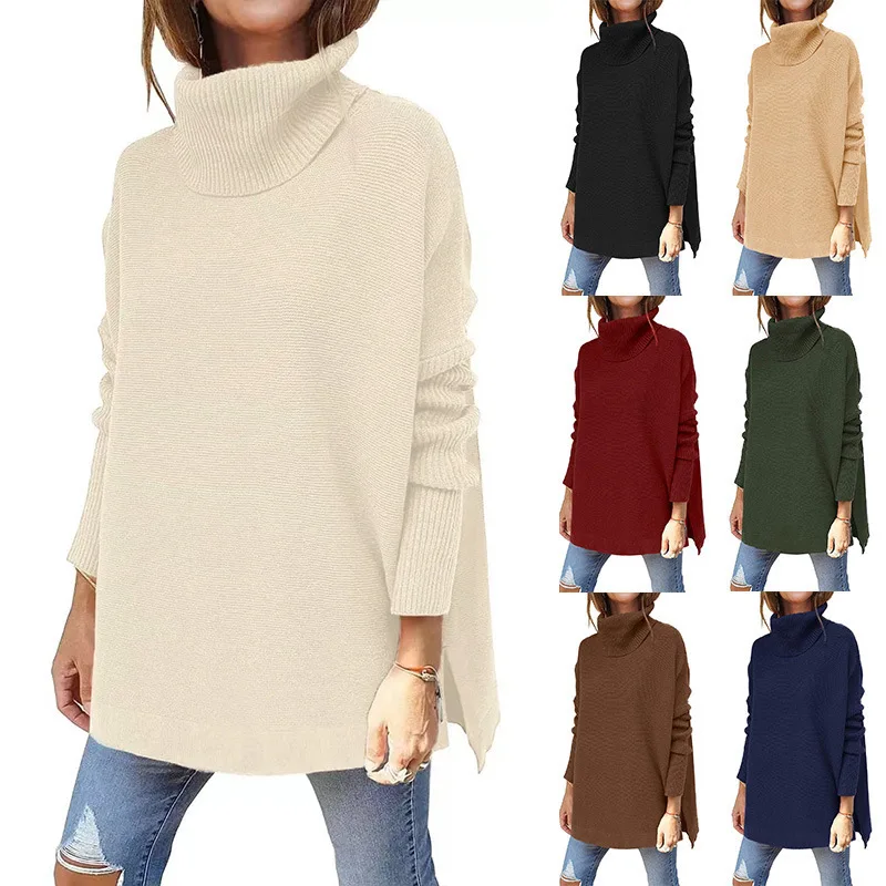 2024 Women's oversized turtleneck mid-length Batwing sleeve slit hem tunic pullover sweater