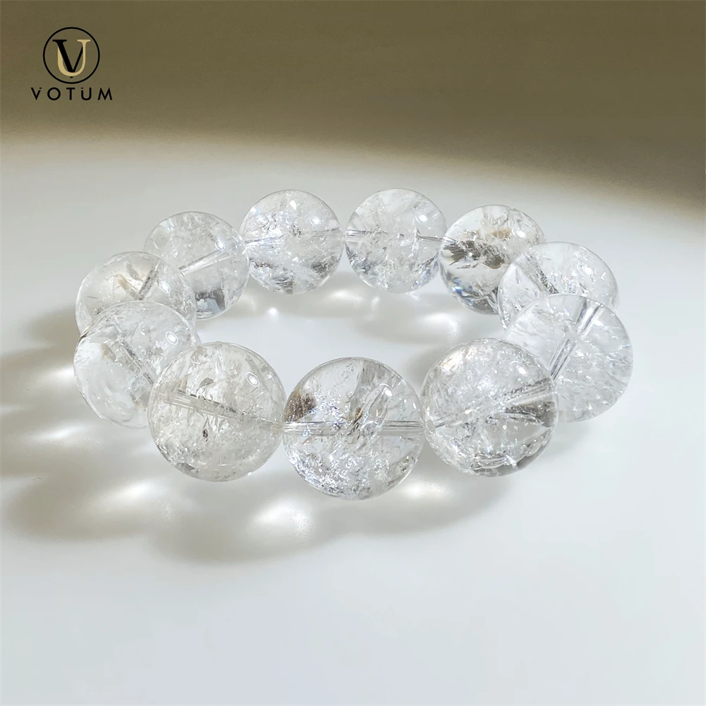 Votum Natural 19-20mm Large Beads White Crystal Azetulite Quartz Bracelet for Unisex Big Size Meditation Energy Healing Stone