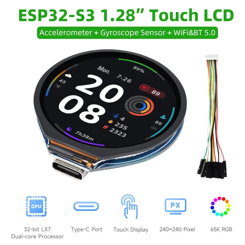 esp32-s3-development-board-128-inch-touch-screen-round-lcd-display-with-wifi-bluetooth-5-ble-accelerometer-gyroscope-sensor