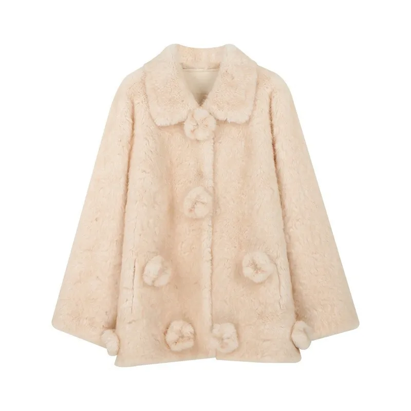 No Hood Loose Fit Coat Casual with Three Dimensional Decoration Mid Long Length Autumn Notched Lapel Regular Sleeve Women Jacket