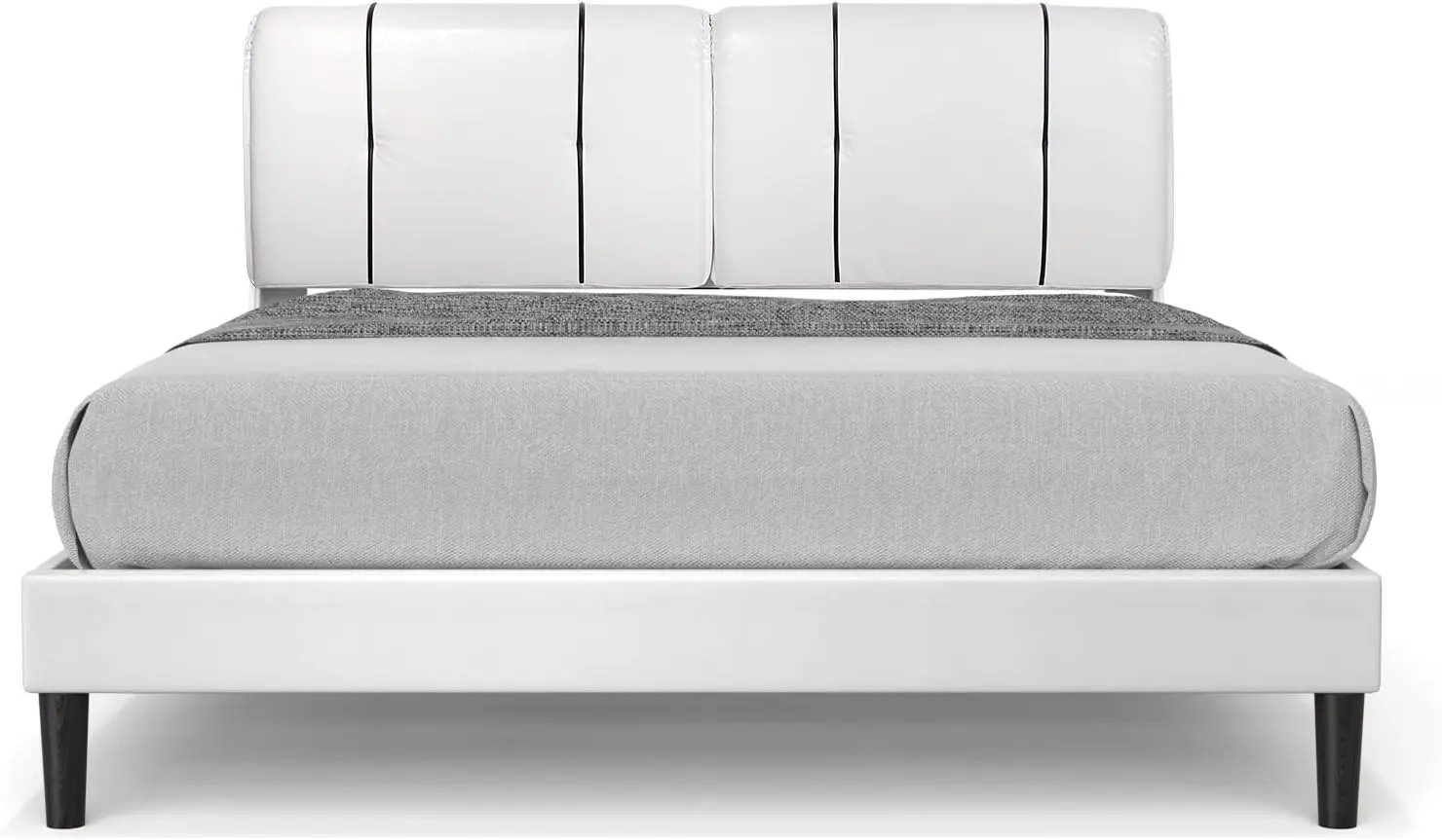 Modern Upholstered Queen Size Platform Bed in White Low Profile Headboard Spring Required Sleek & Stylish Bedroom Furniture