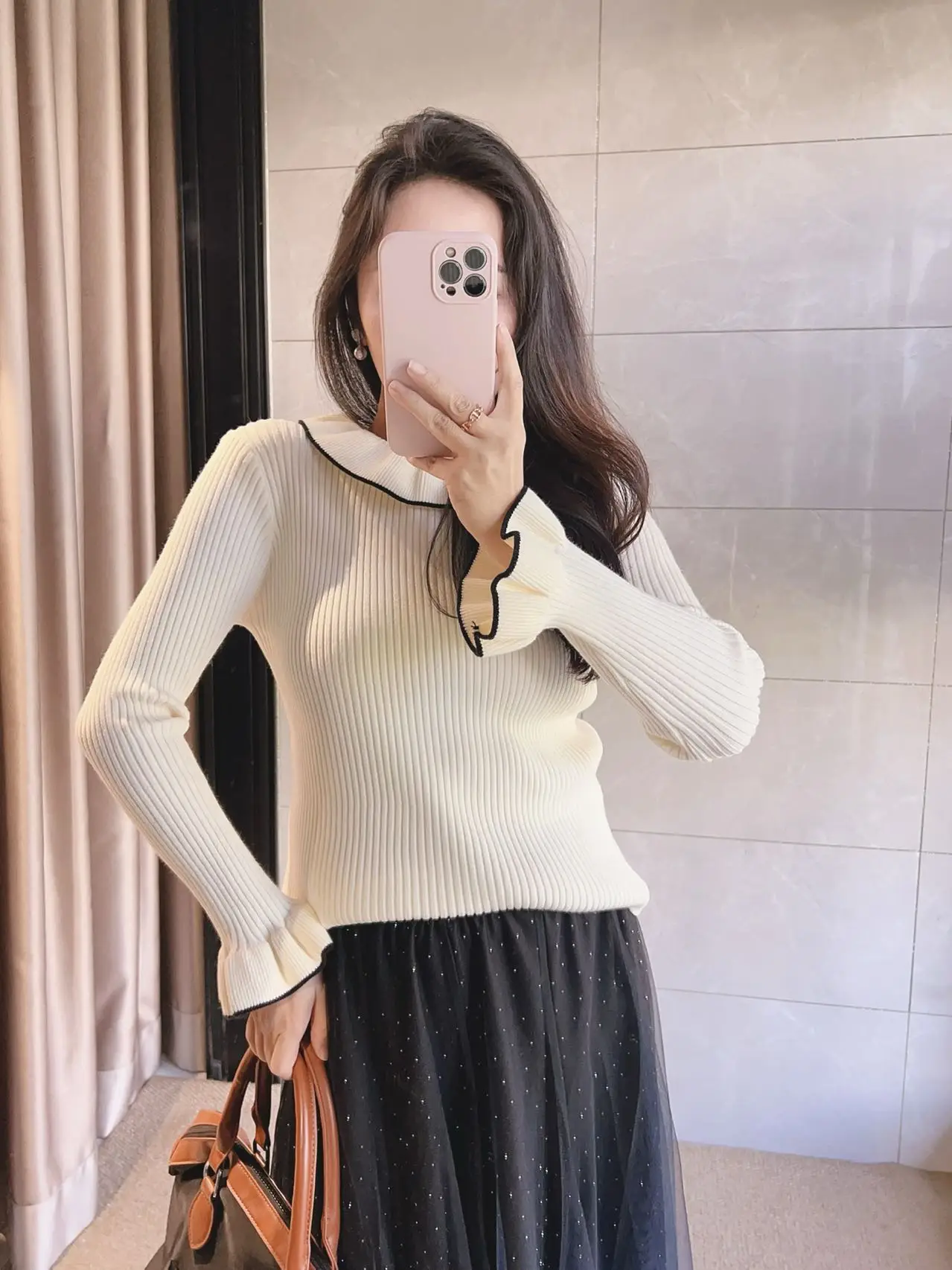 

Мягкий вязаный свитер из австралийской шерсти с романтичным кружевным воротником, в полоску, французский стиль, приталенный крой, женский зимний топ с длинными рукавами