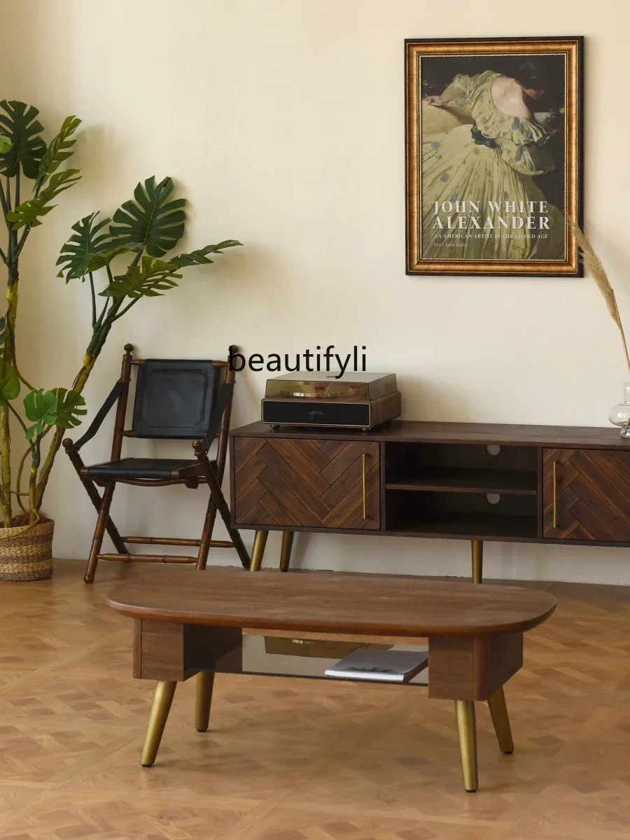 

Y Solid wood coffee table retro living room walnut color Nordic TV cabinet combination glass tea table