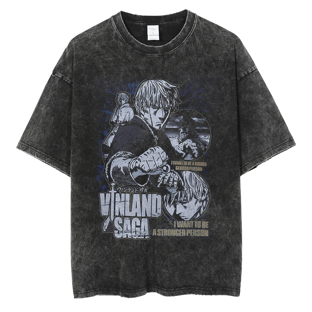 Herren Vinland Saga "I Have No Enemies" Grafik-T-Shirt Thorfinn Anime-Print Vintage Washed Oversized Casual Streetwear T-Shirt – Detail 4
