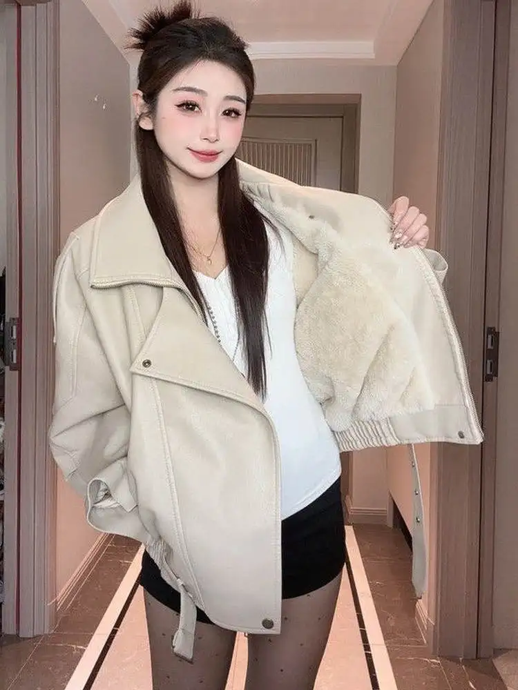 Kurtka skórzana damska Thiened Fce Jesień Zima Nowa Moda Harajuku Długa Luźna Kurtka Motocyklowa z Zamkiem Błyskawicznym...