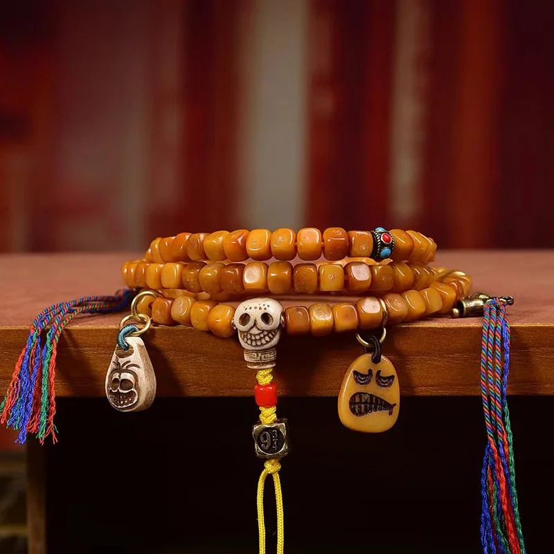 108 Of Backflow Buddha Carved Square Beads Multi-Circle Bracelet Yak Bone Three-Way Accessory