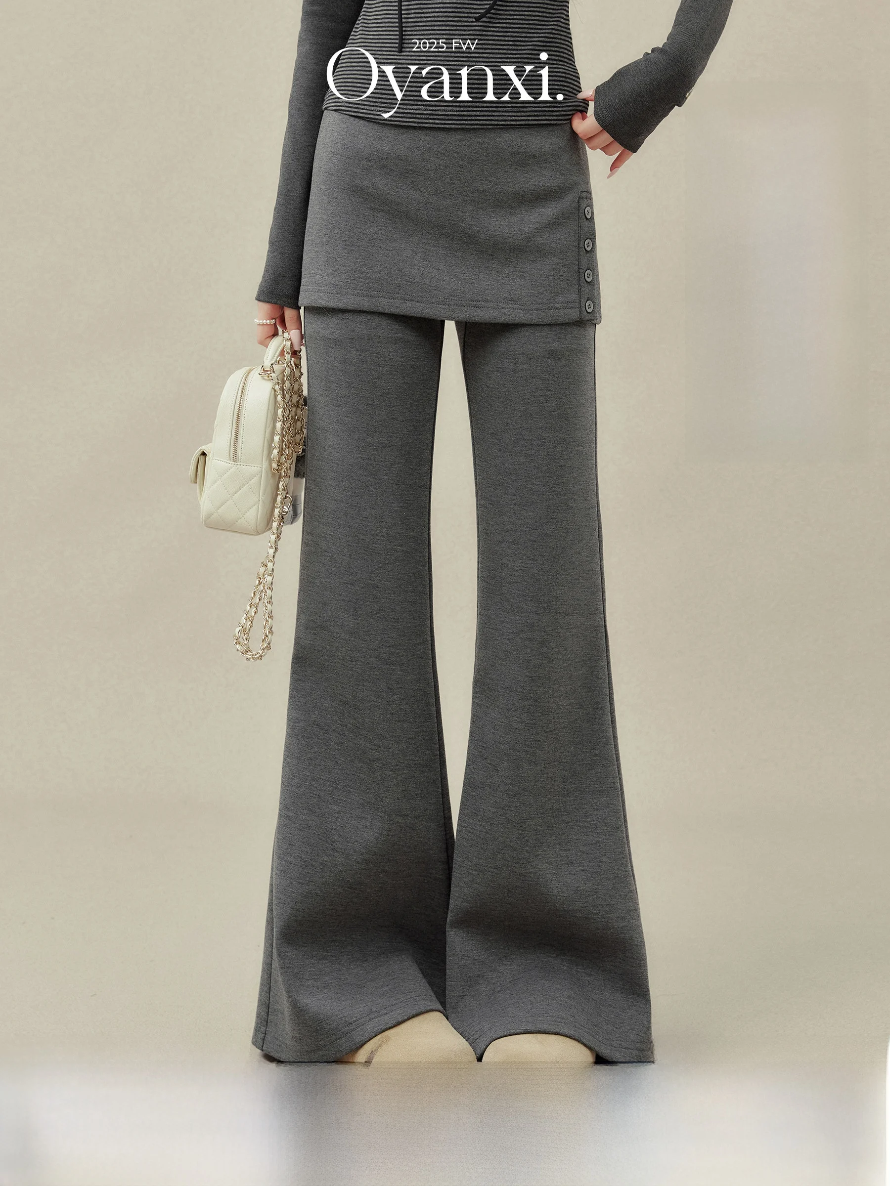 

Женские расклешенные брюки Ouyang Xi с флисовой подкладкой, серые, в холодных оттенках, с высокой талией, повседневные, для осени и зимы, для многослойных образов