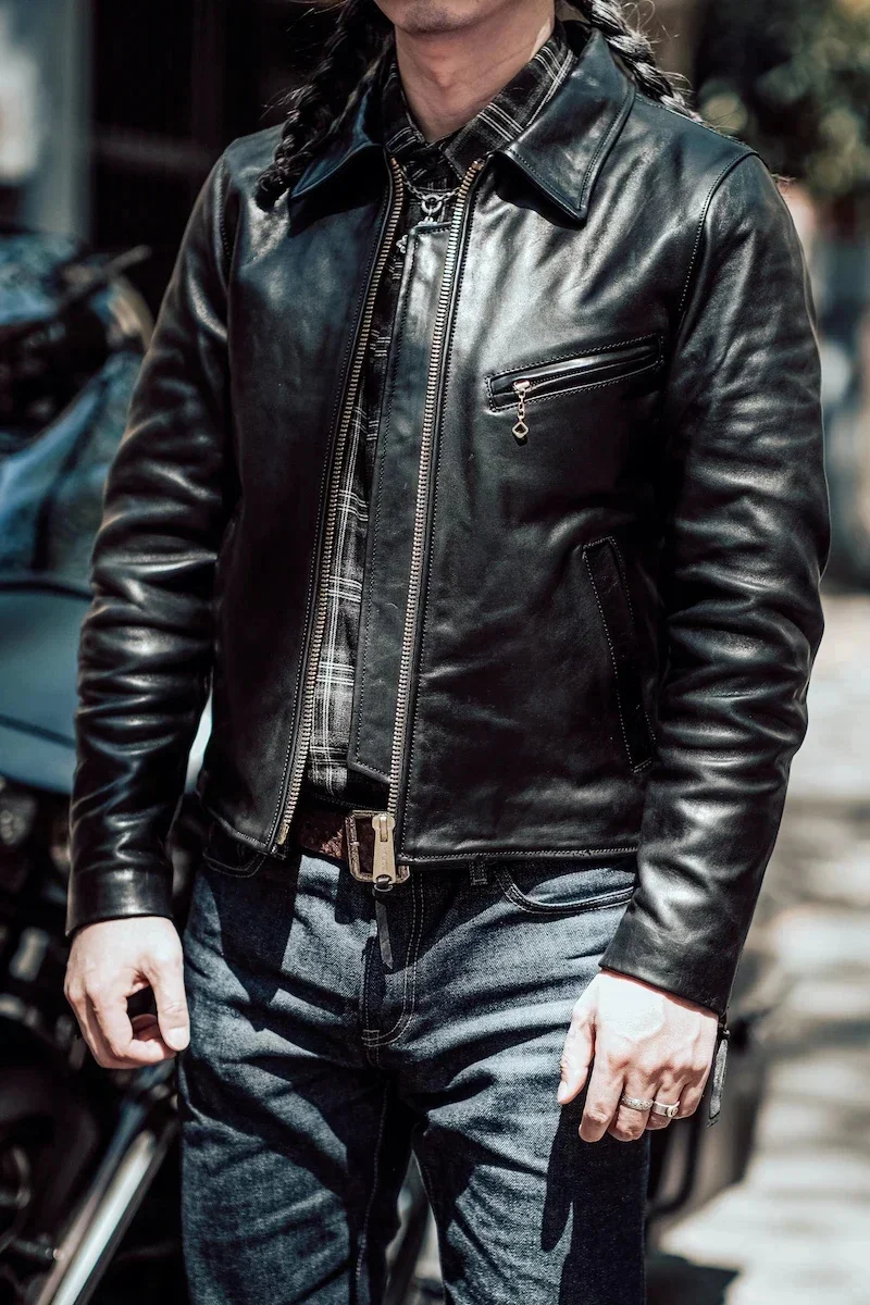 LNY!Wholesales.Brand new asian size motor rider oil horsehide jacket.Men slim genuine leather coat.luxury 1930 cloth