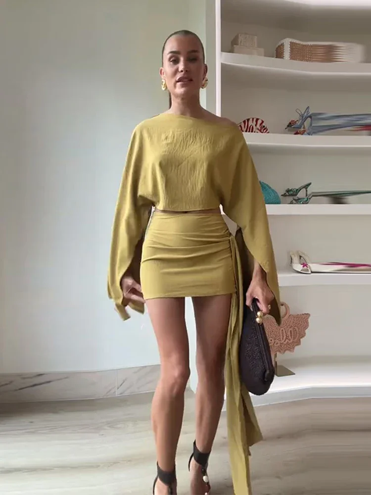 Trendy Shawl Top Mini Skirt Set Women Long Sleeved Sloping Shoulder Crop Top Slim Hip Package Skirts Summer Sexy Lady Outfit