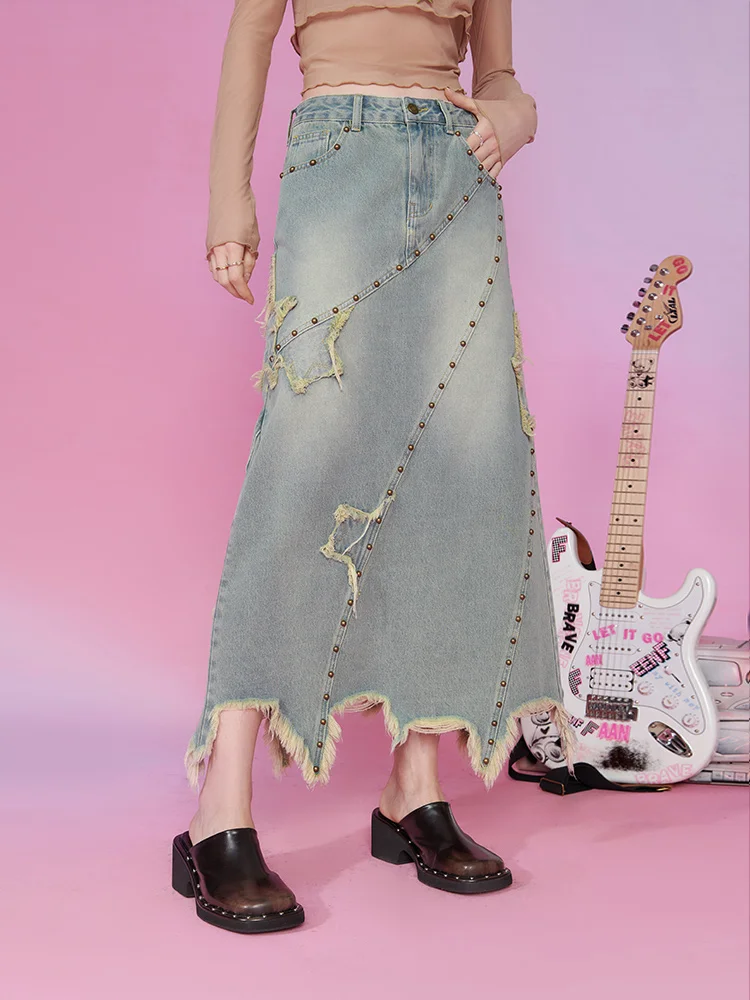 Denim Skirt Women's Mid-Length Washed Cotton Light Blue Spring Design Sense Irregular Hem Skirt Loose Sweet  Spicy Design Sense