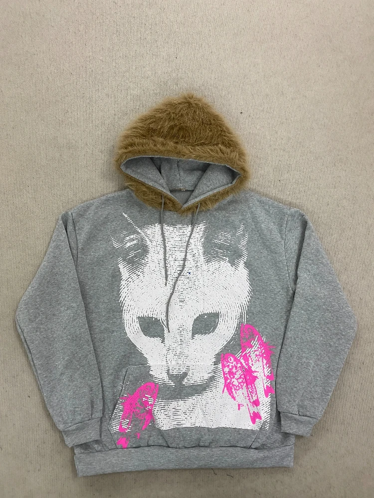 

Retro Y2K Millennium Spice Girl Plush Collar Cat Print Hooded Sweatshirt Long-Sleeved Autumn Winter Jacket American Style