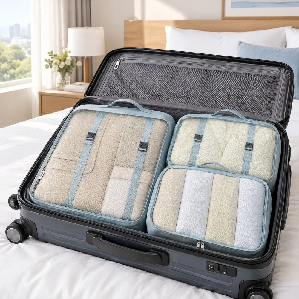 Packing Cubes Set 3pcs Water Resistant Travel Organizers for Clothes Accessories with Secure Buckle Fastening and Double Zipper