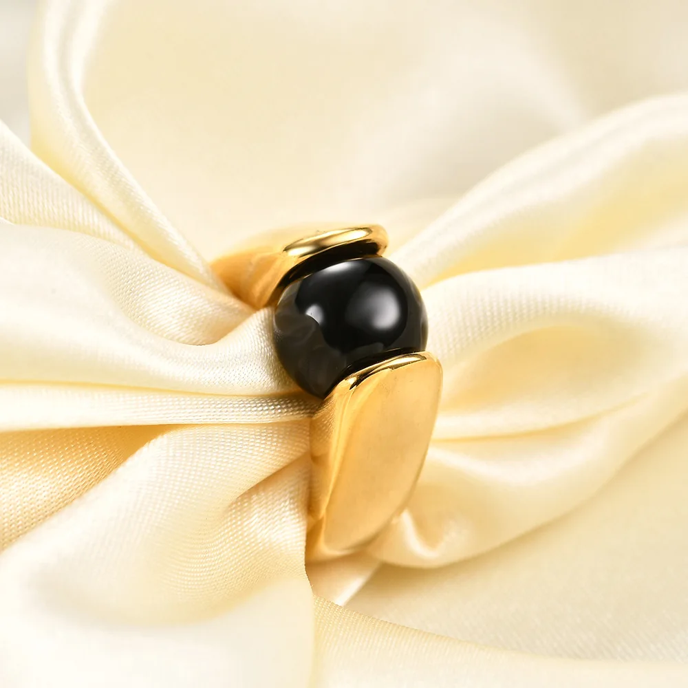 New 10mm Black and White Cat Eye Stone Ring 18K Gold Retro Set Stainless Steel Rings for Women Men Exquisite Jewelry Gift - view 4