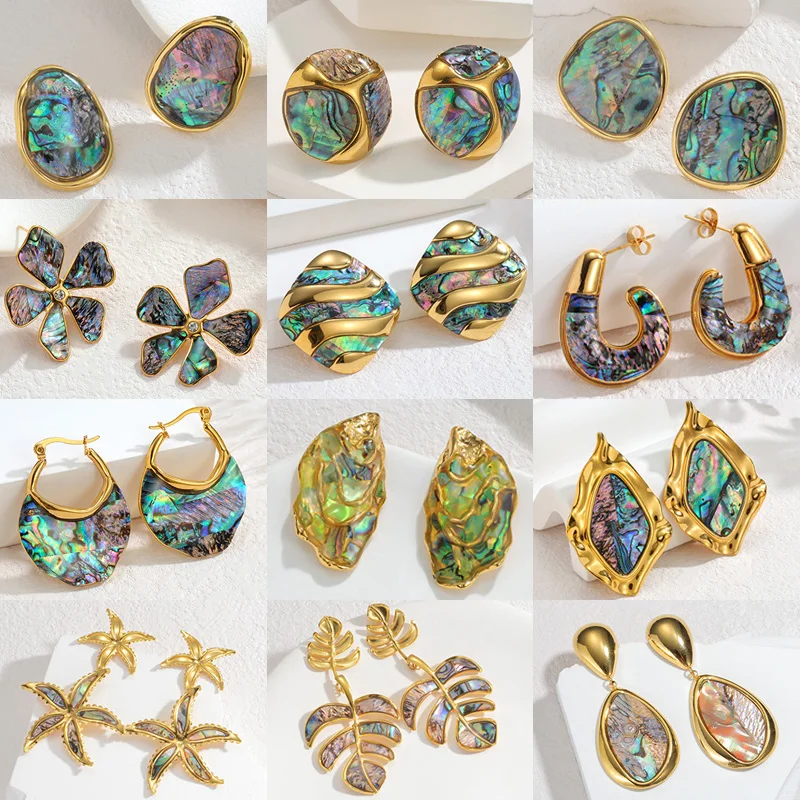 18K Gold Plated Natural Abalone Shell Earrings for Women Stainless Steel Multiple Styles Irregular Statement Ocean Jewelry Gifts