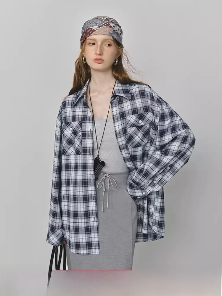 

Women's Vintage Plaid Shirt Turn-down Collar All-match American Style Fall New Arrival Comfortable Breathable Polyester Fiber