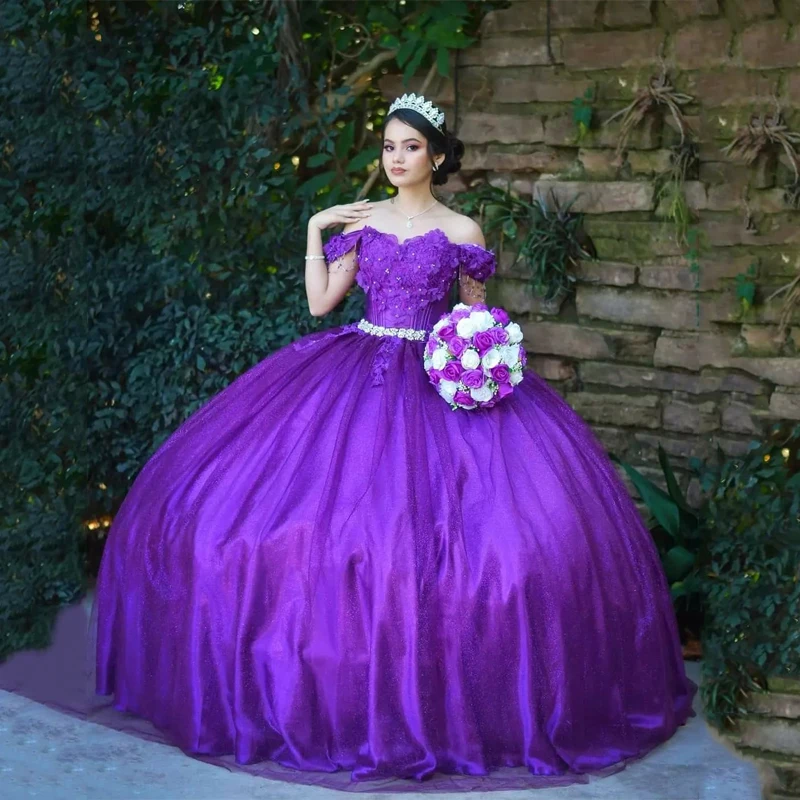 

Purple Handmade Flowers Quinceanera Dresses Ball Gown Beading Crystal Applique Lace Off The Shoulder Formal Party Sweet 16 Dress