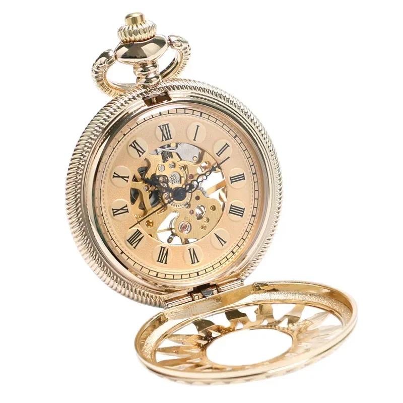 Luxury Golden Hollow Flower Case Roman Number Dial Men Women Skeleton Manual Mechanical Pocket Watch with FOB Pendant Chain
