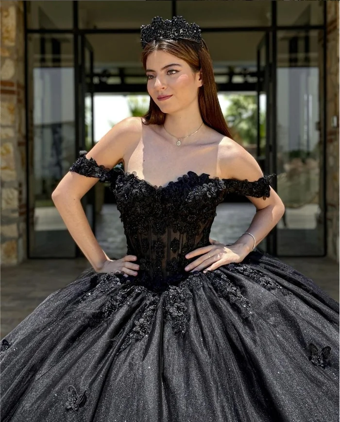 Noble Princess Ball Gowns Quinceanera Dresses Cathedral Train Black Strapless Poncho 3D Floral Boned Corset xv year old dress