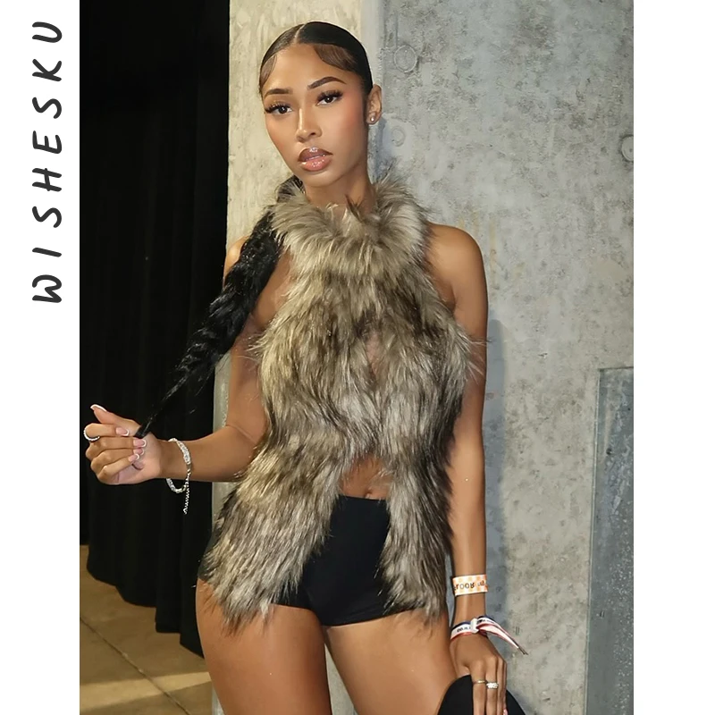 

Сексуальные лоскутные пушистые топы с лямкой на шее, тонкие топы без рукавов с открытой спиной и круглым вырезом, женские майки без рукавов, осень-зима 2021, уличная одежда для женщин