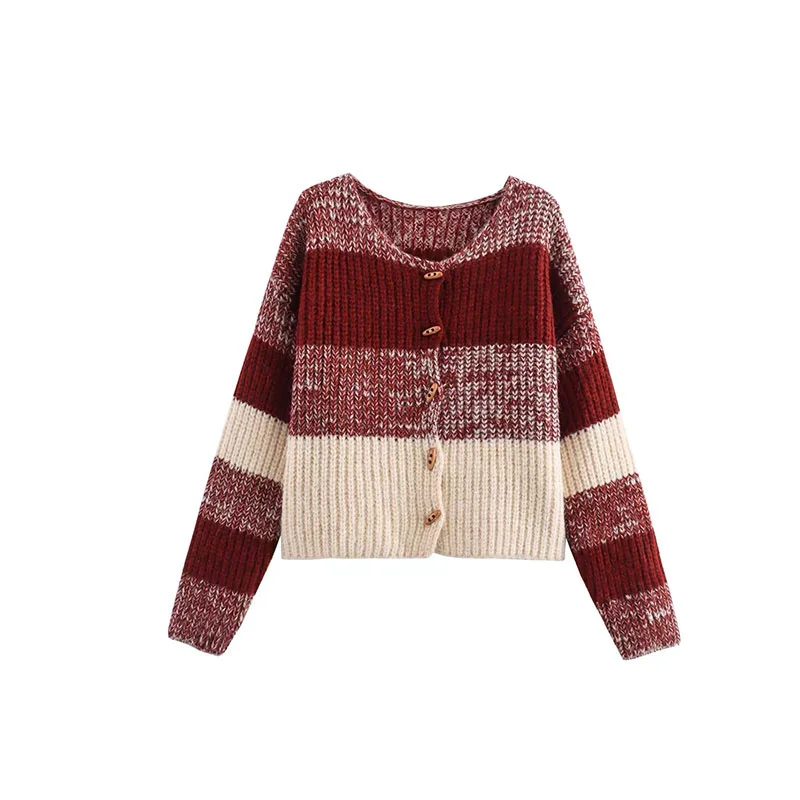 Retro Contrasting Color Cow Horn Button Sweater Jacket Women Autumn Winter Gradient Stripes Soft Loose Lazy Knitted Cardigan Top