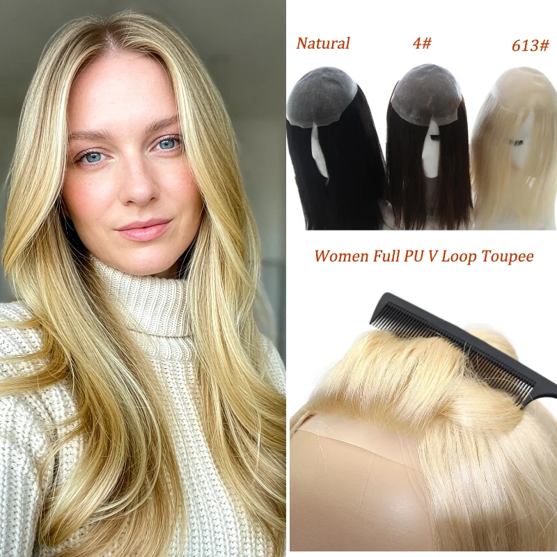 Human Hair PU Base Womens Topper 7x9 14inch Hand-Tied Injection 0.1mm In Stock 72H Ship Dropship Color 1B #4 #613 Wholesale