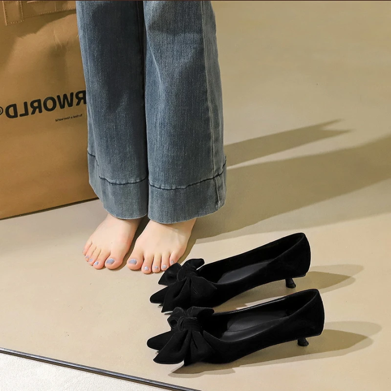 Korean Temperament Suede Stiletto Single Shoes With Pointed Toe And Versatile Bow Casual Low-Heeled Commuting Shoes For Women - view 4