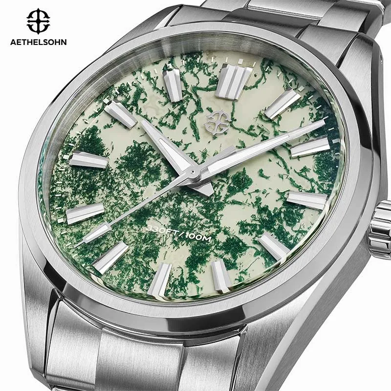 AETHELSOHN Luxury Watch For Men TMI VH31 Sweep Quartz Natural Seaweed Stone Dial 38.5mm Business Watches 100m Waterproof Luminou